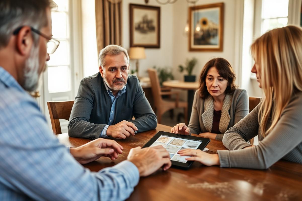 Conseiller présentant des modèles de monuments à une famille, à domicile